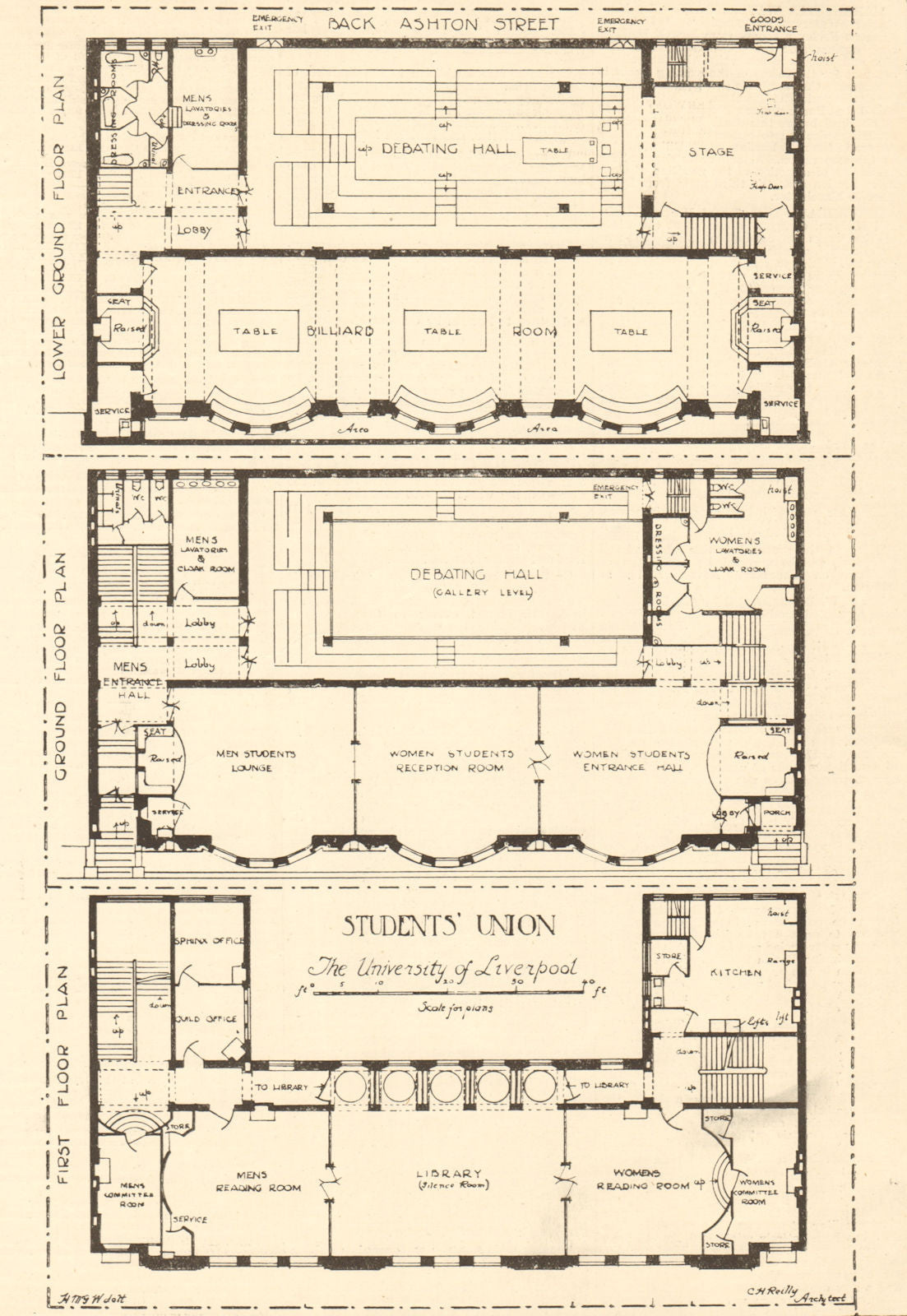 Students Union, University of Liverpool. Ashton Street. Plans 1907 old print